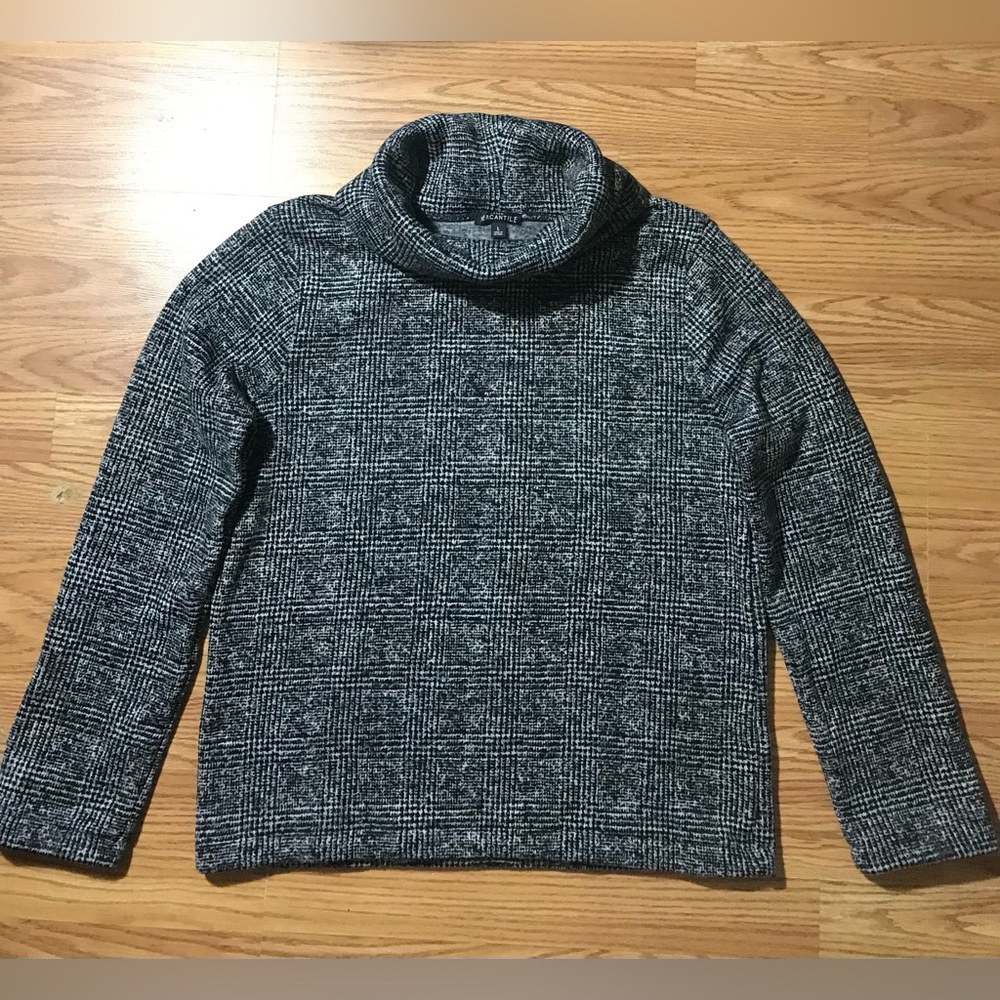 J. Crew Women's L Turtleneck Sweater Black & White Plaid Heavy Poly Knit NWOT